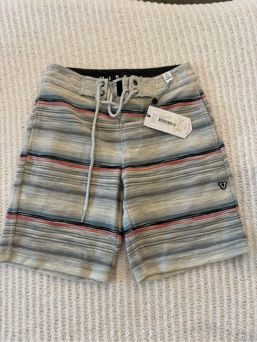 VISSLA Light Blue Knit Shorts with Coral & Navy Stripes size S waist 22/23